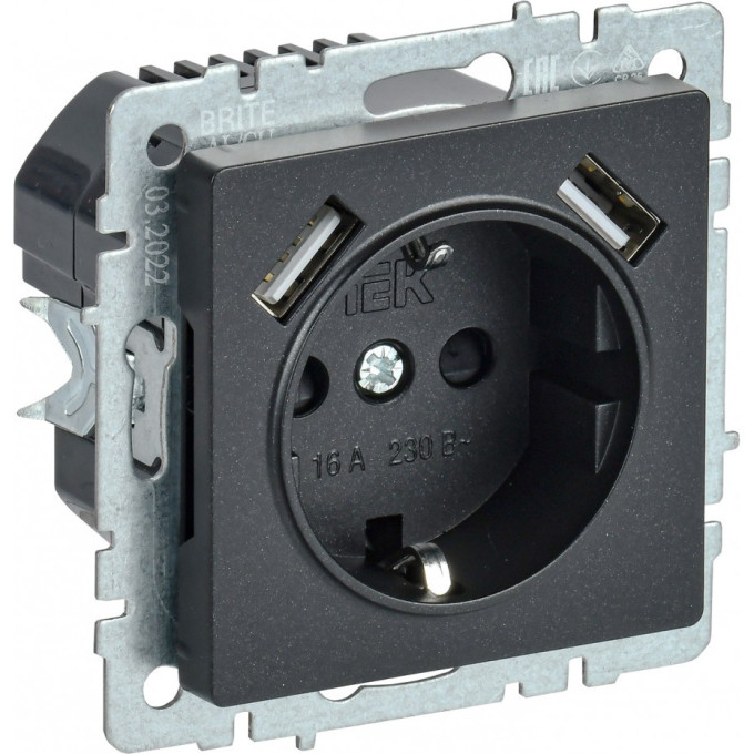 Розетка IEK BRITE РЮш10-1-БрЧ 16А с USB A+A 2,1А BR-R14-16-U21-D21-K02